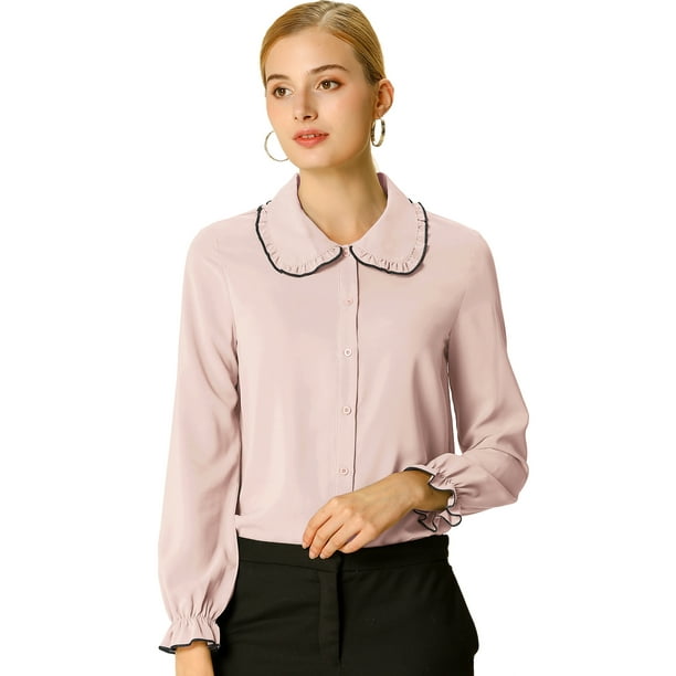 Blusa de Manga Larga con cuello Peter Pan y volantes Allegra K Rosa S