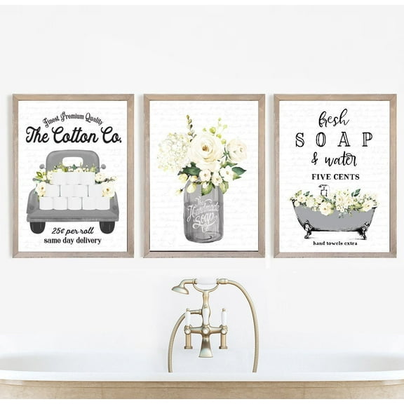 UNFFRAMED Set Gray Bathroom Wall Art Cotton Co Bathroom Wall Decor, Gray Vintage Farmhouse Bathroom Art Set 3 Prints 8x12