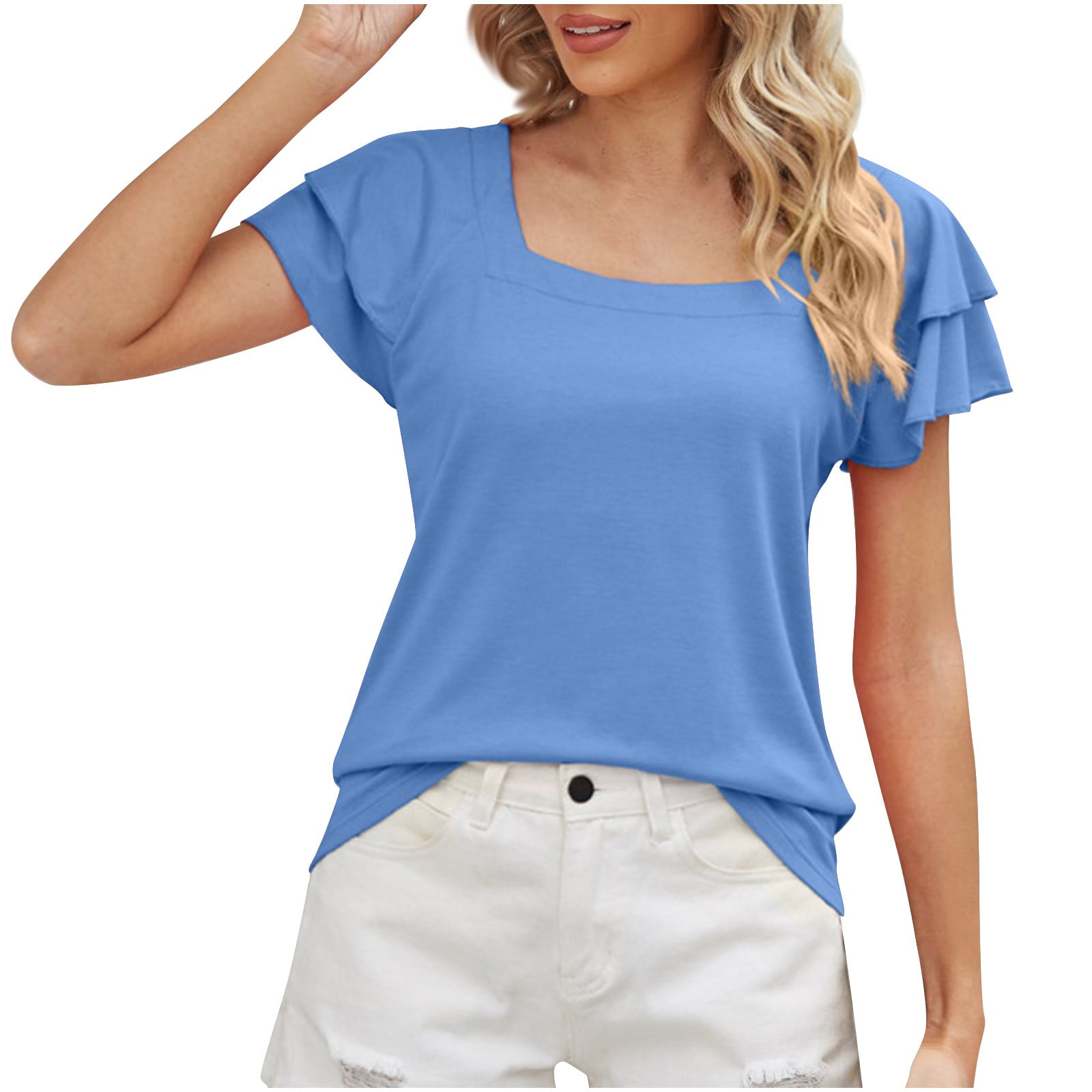 Plebaso Hauts d'Été pour Femmes Col Carré Manches Courtes à Volants T-Shirts Blouses Décontractées Amples pour Femmes