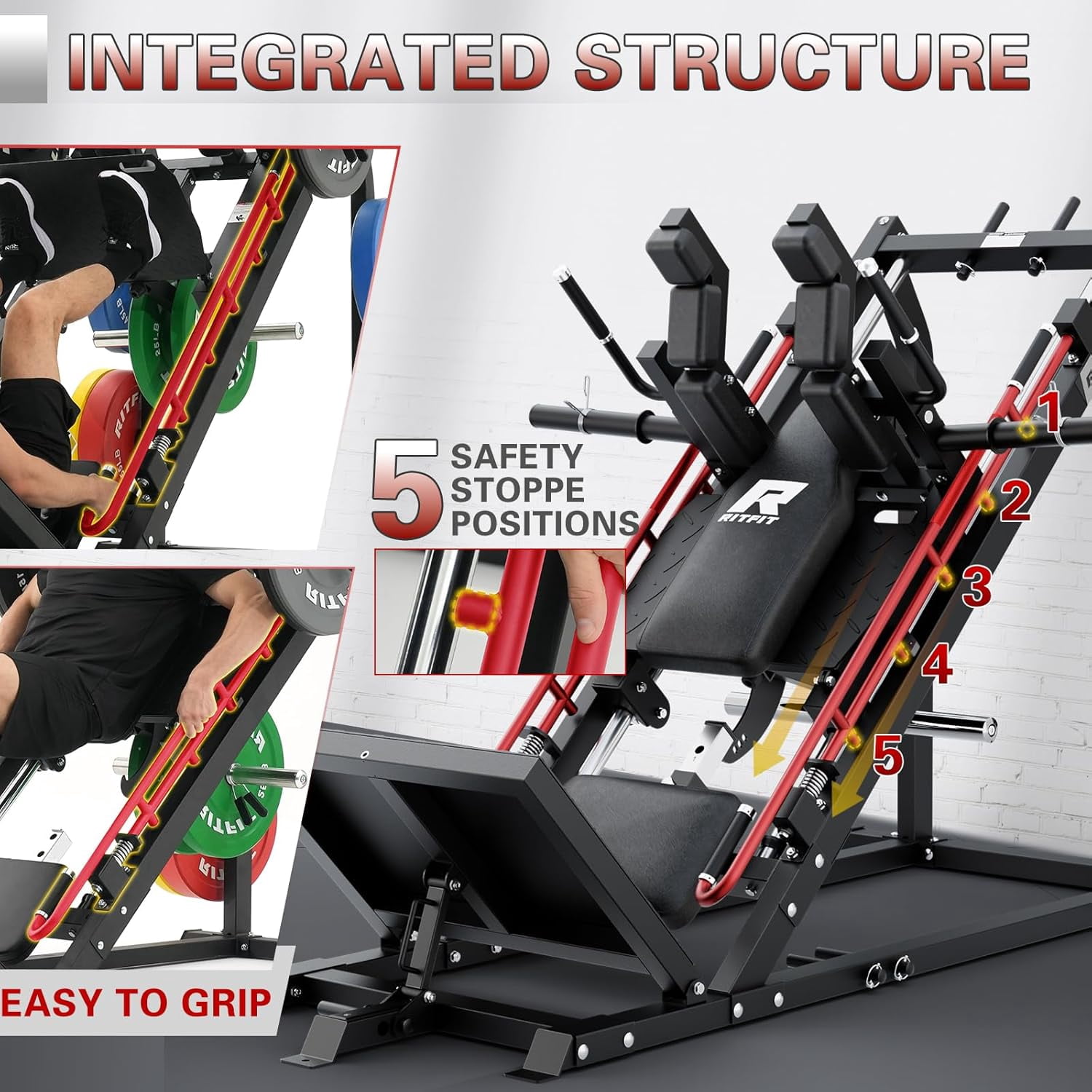 RitFit Gazelle Pro 3 in 1 Leg Press and Hack Squat Machine - High-Tensile Steel Leg Press Machine, 2000 lbs Capacity, Adjustable Angles, Hack Squat Machine with Weight Storage, for Home Gym (Red)