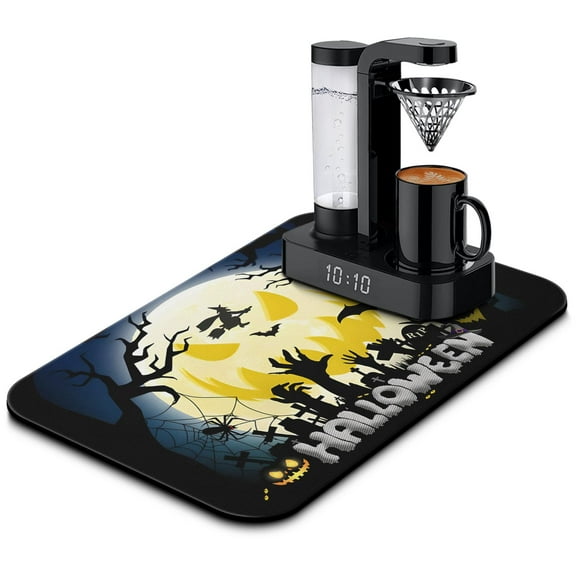 Happy Halloween Fall Pumpkin Witch Coffee Drying Mat 19.5x12in for Kitchen Counter Spooky Castle Bats Trick or Treat Reversible Dishes Draining Mats Medium Absorbent Fast Dry Pad Halloween Accessories