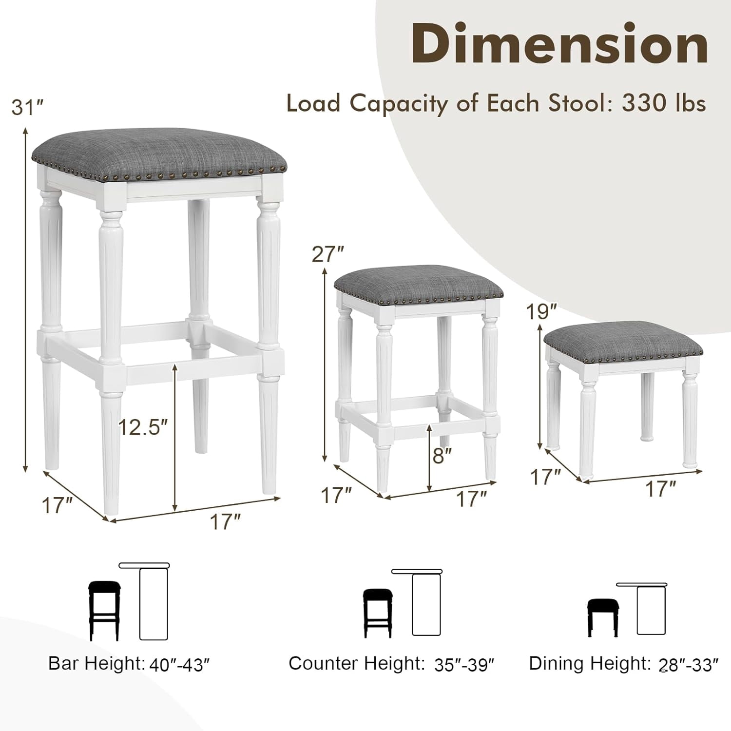Set of 4 Modern Upholstered Counter Bar Stools Dining Stools for Kitchen, 3 Optional Height, Gray & White