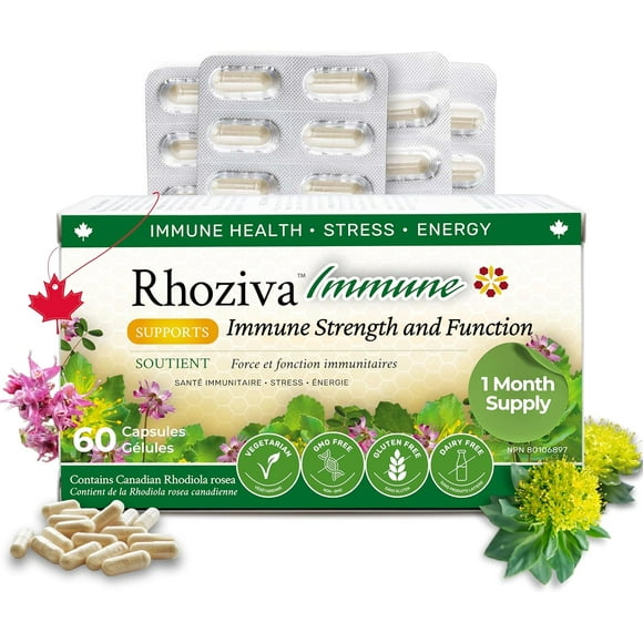 Rhoziva Immune. Immune System Booster Supplement, Stress & Energy Support. Rhodiola Rosea, Reishi Mushroom Extract, Astragalus, Prunella + Vitamins & Minerals. Made in Canada. 60 Vegetarian Capsules.
