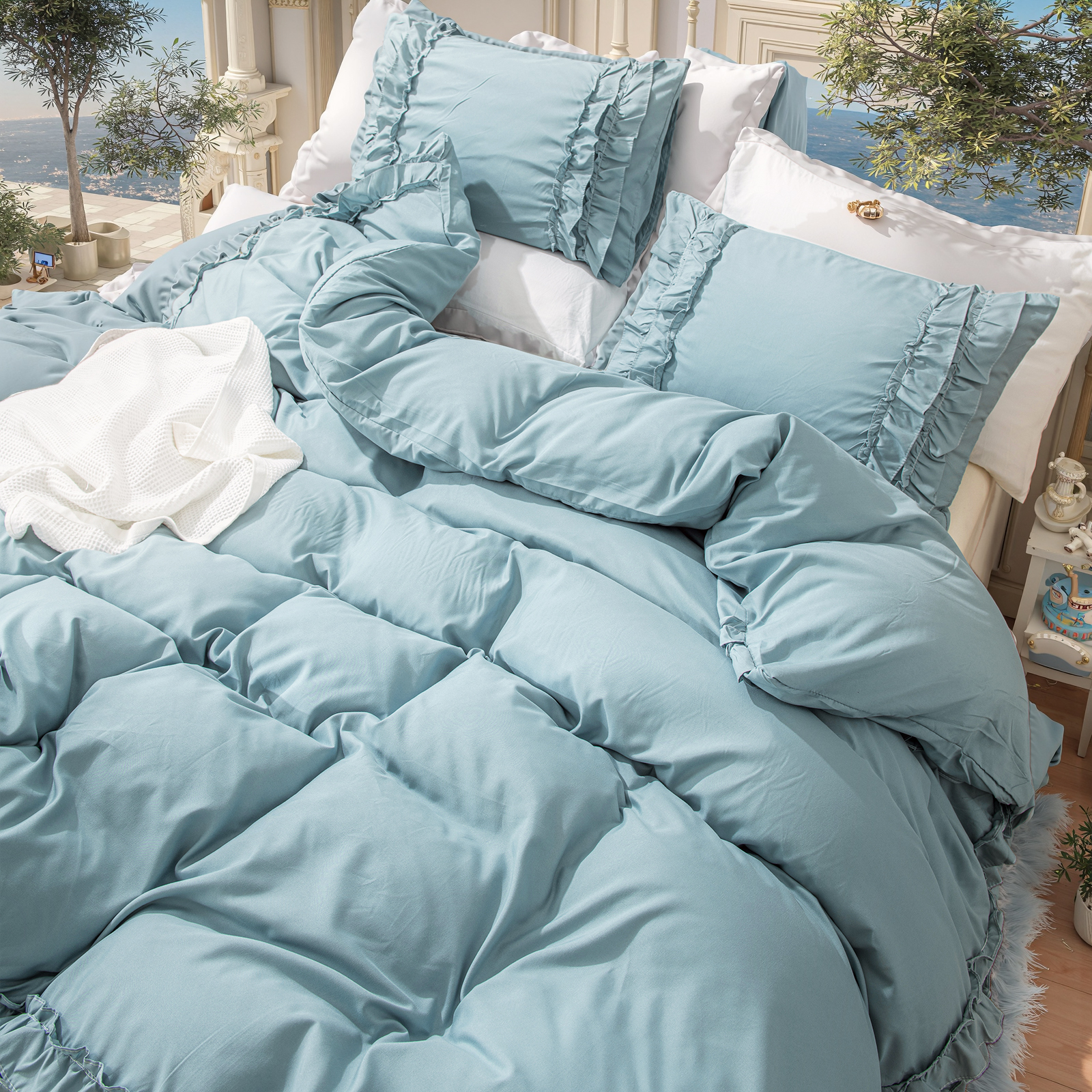 Boho Ruffled Comforter Set Super Soft Cozy Bedding Set with Pillowcases Elegant Chic Bedroom Decor Rustic Farmhouse Quilt Comforter 3 Pcs Set