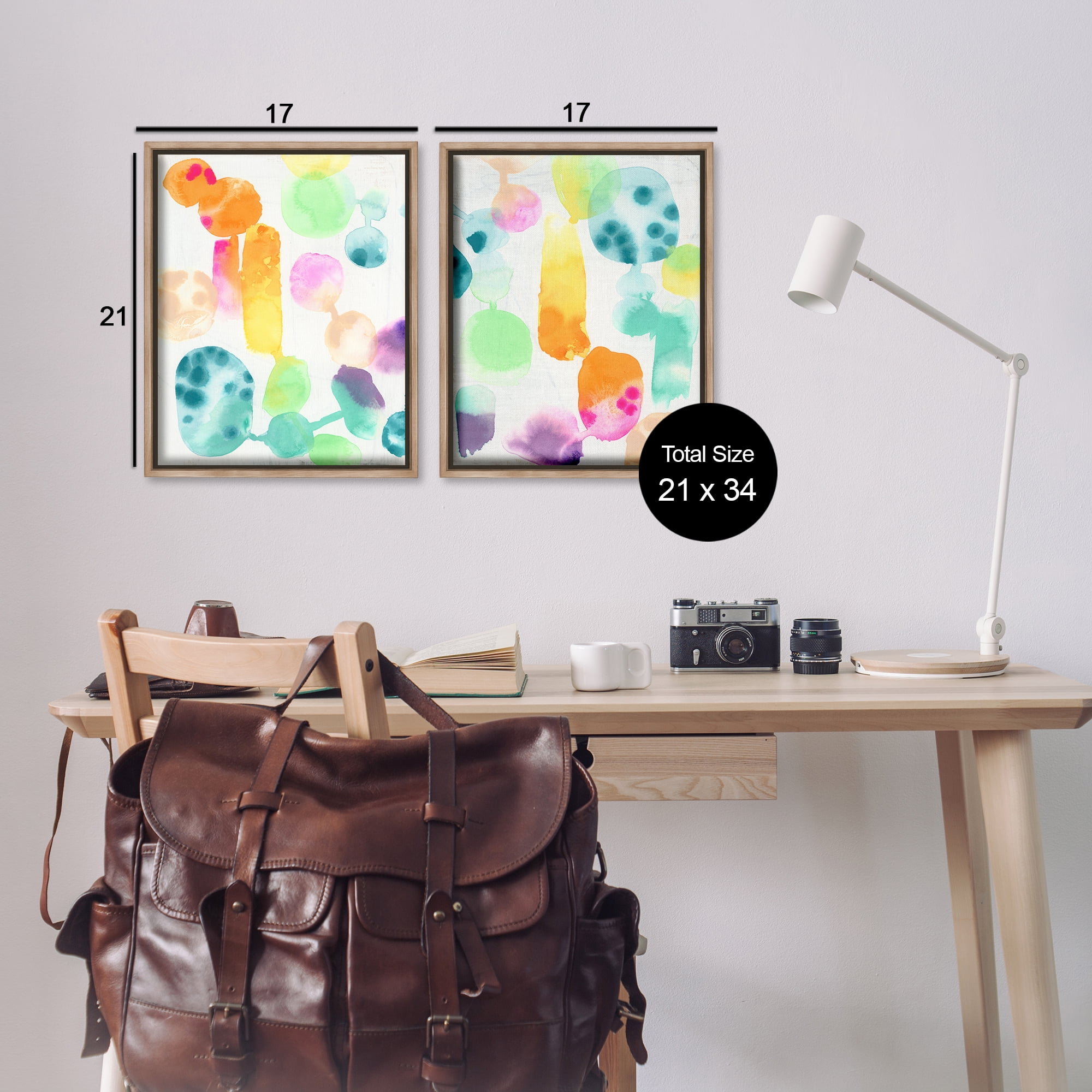 Stupell Industries Neon Colorful Abstract Shapes Abstract Painting Brown Floater Framed Canvas Art Print Wall Art, 17 x 21, Set of 2