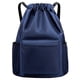thumbnail image 1 of Mochila con cordón, impermeable, para deportes, gimnasio, con bolsillo lateral, color azul oscuro, 1 of 5