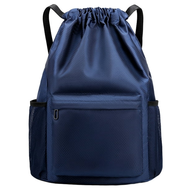 Mochila con cordón, impermeable, para deportes, gimnasio, con bolsillo lateral, color azul oscuro