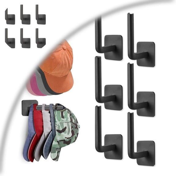 6 Pack Adhesive Hat Hooks for Wall, No Drilling Hat Rack for Baseball Caps, Heavy Duty Hat Organizer Hangers for Closet, Cowboy Hat Holder Display for Hats Headphones Scarves Handbags