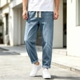 thumbnail image 2 of YLSDY Men's Roll Cuff Elastic Waist Jeans, Drawstring Design, Relaxed Fit Casual Daily Denim Pants Navy L, 2 of 9