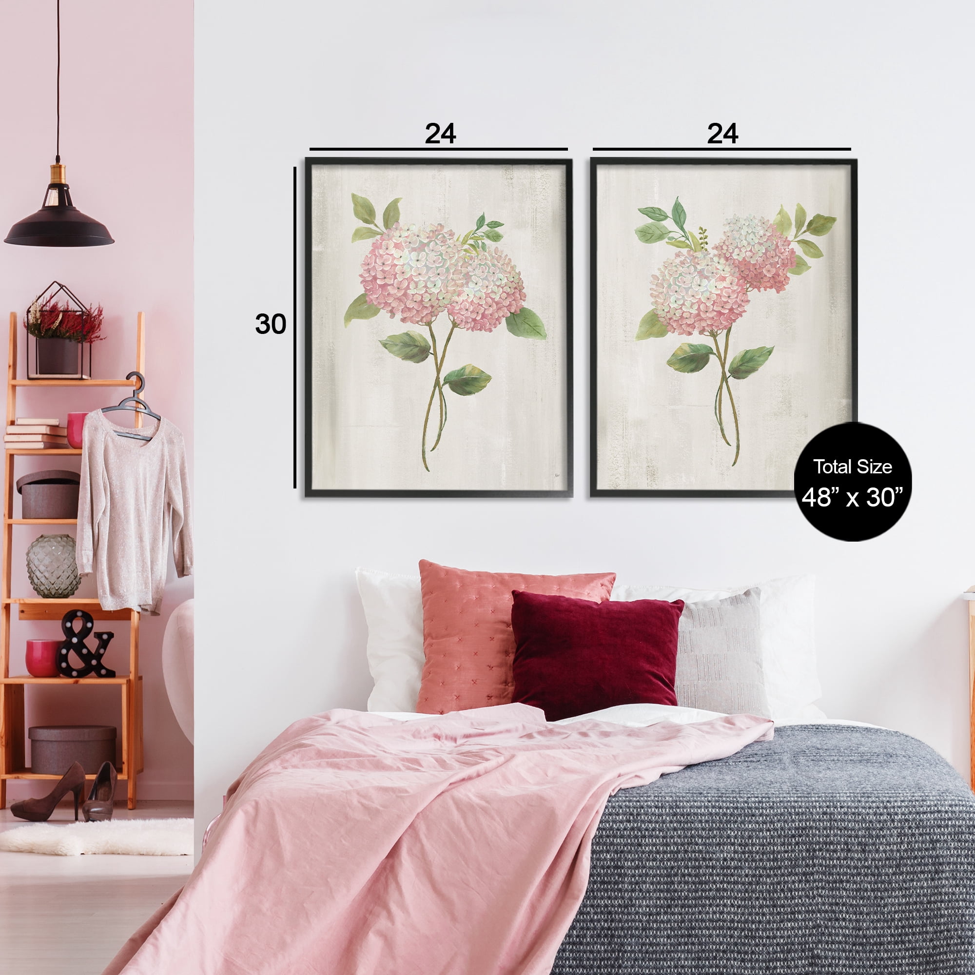 Stupell Industries Vintage Pink Hydrangea Pairs 2 Piece Black Framed Giclee Art Set, design by Nan