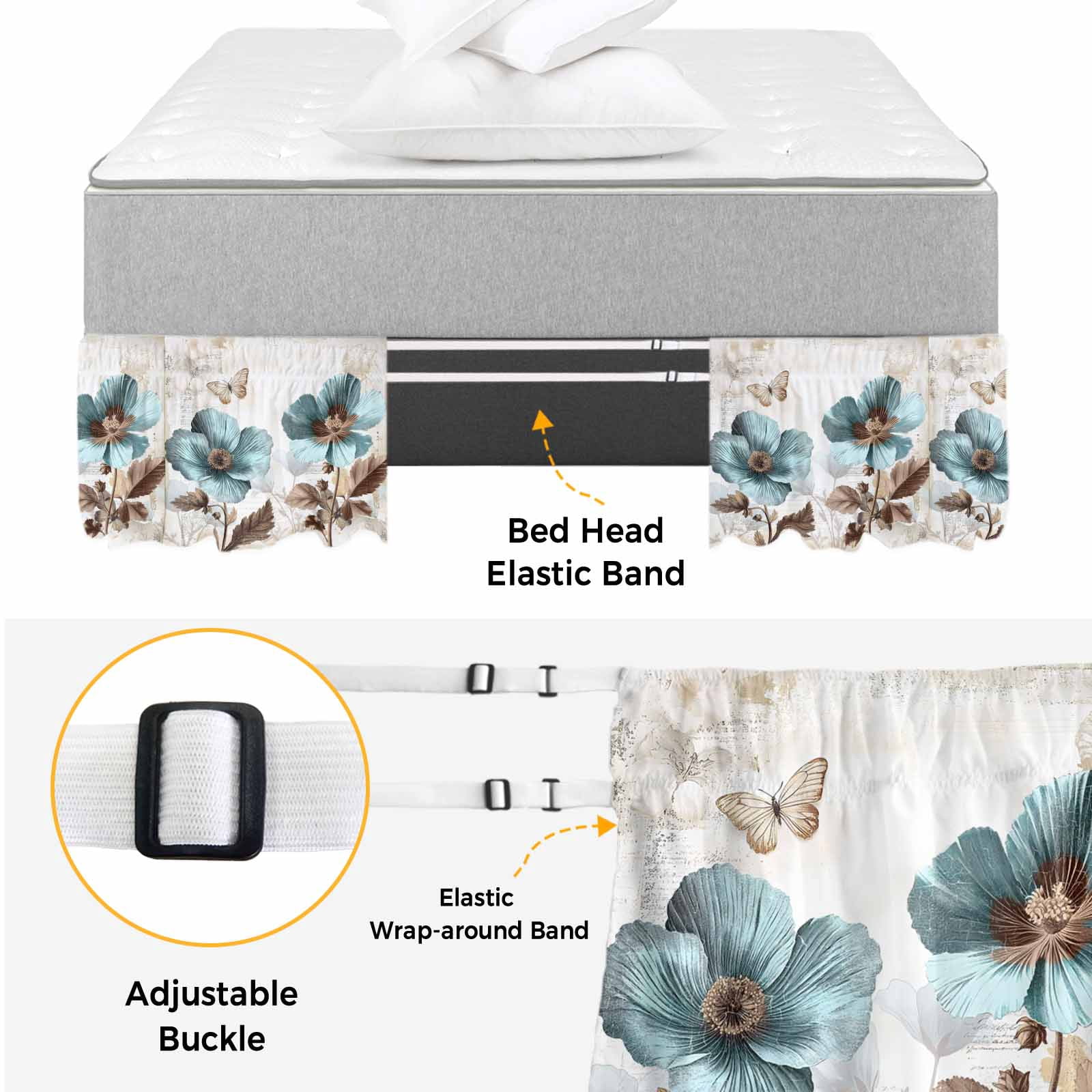 Vintage Flowers Bed Skirt Queen Size 18 Inch Drop, Adjustable & Elastic Wrap Around Bed Skirts Pleated Luxury Dust Ruffles For Twin Full Queen Cal King Base Beds, Teal Blue Floral Nature Butterfly