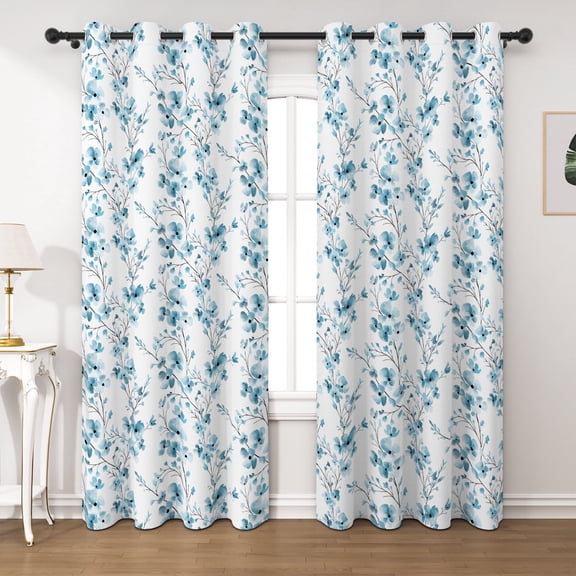 Lfeey Blackout Curtains for Bedroom 42"x63", Teal Floral, Thermal Insulated Light Blocking Grommet Drapes, Set of 2
