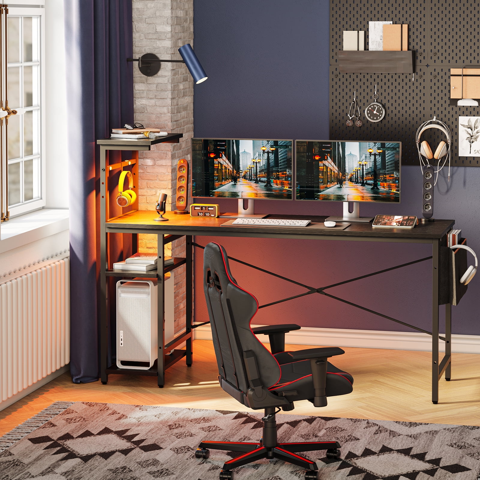 Bestier 61" Reversible Gaming Desk Computer Desk with LED Lights 4 Tier Shelves Black