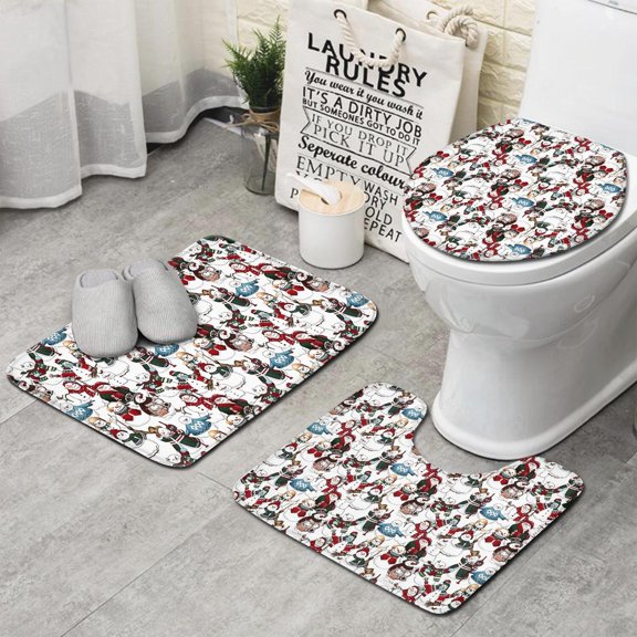 Multicolor Christmas Snowman Pattern Bathroom Rugs Sets 3 Piece,Toilet Cover Set,Absorbent Non Slip Bathroom Mats Sets with U-Shaped Contour Rug Toilet Rug Set