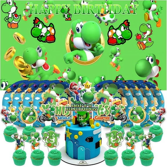 Yoshi Birthday Supplies Plates Decorations Decor Backdrop Banner Cake Topper Fans