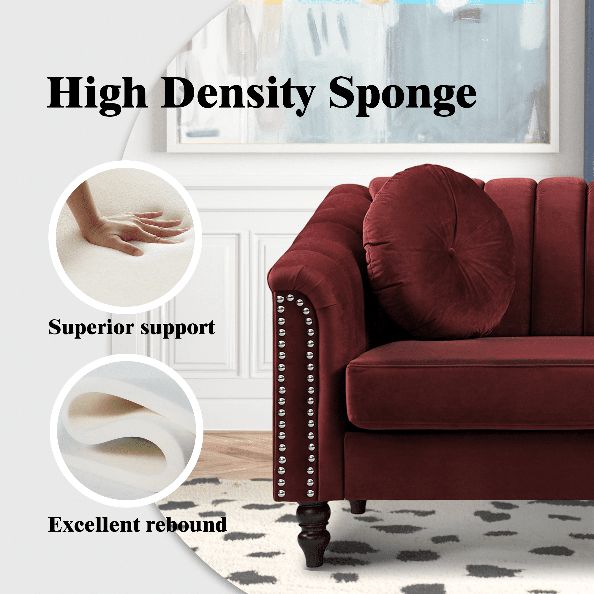 Aukfa 75" Comfy Flannel Sofa, Contemporary 3-Seater Couch for Living Room, 2 Pillows, Red