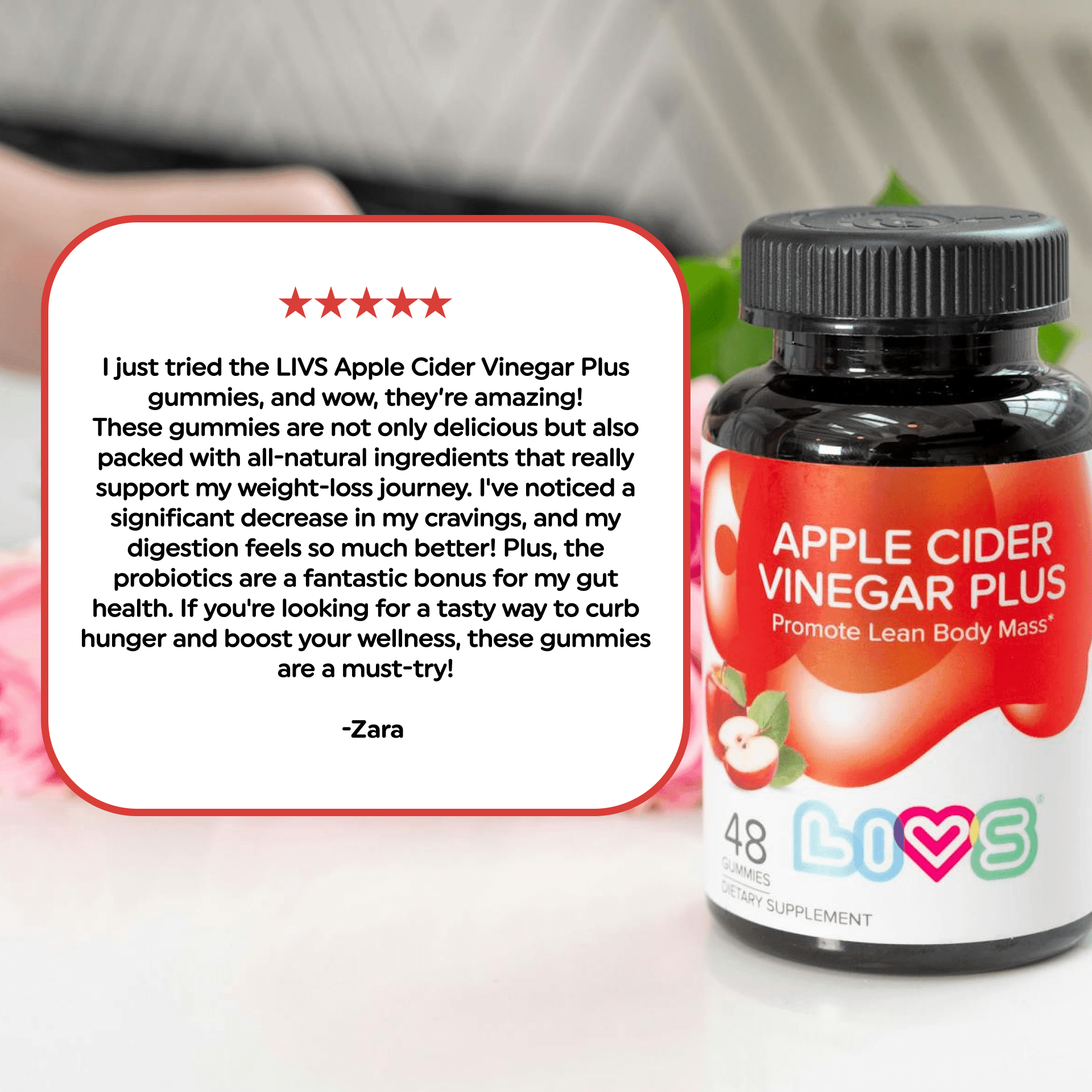 LIVS Apple Cider Vinegar Gummies with Organic Ginger, Turmeric, Probiotics, 48 Count
