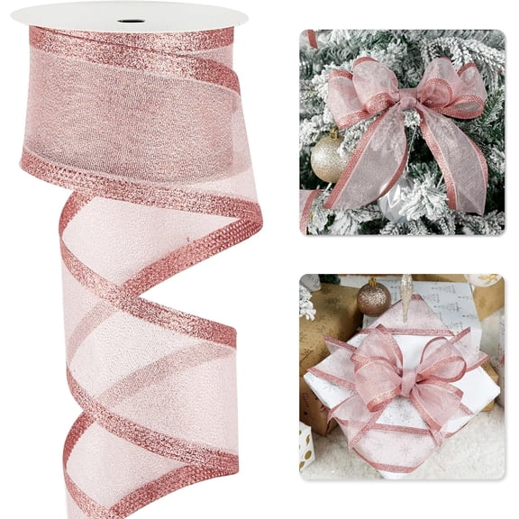 Christmas Ribbon Wired 2.5 Inch Ribbon with Glitter Stripe, Ribbon for Christmas Tree, Wreaths Supplies, Swag, Garland, Holiday Decor - 10 Yards