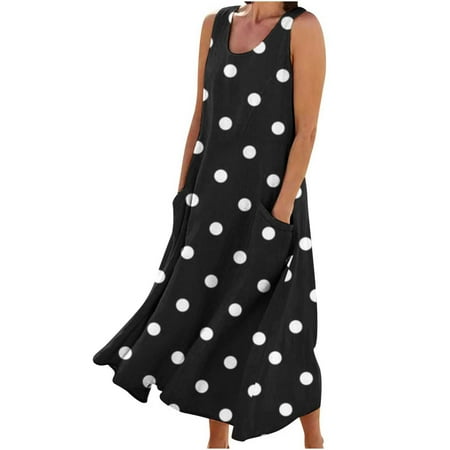 

SIMQOing Women s Linen Tank Dresses Plus Size Sleeveless Round Neck Maxi Dress Loose Summer Casual Print Dress