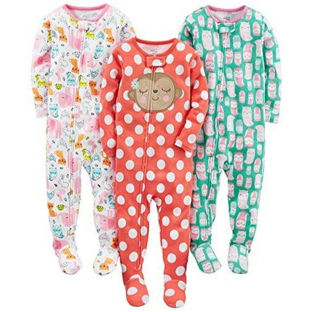 Simple Joys by Carter's Baby Girls 3-Pack Snug Fit Footed Cotton Pajamas,  Owl/Monkey/Animals Green, 12 Months 
