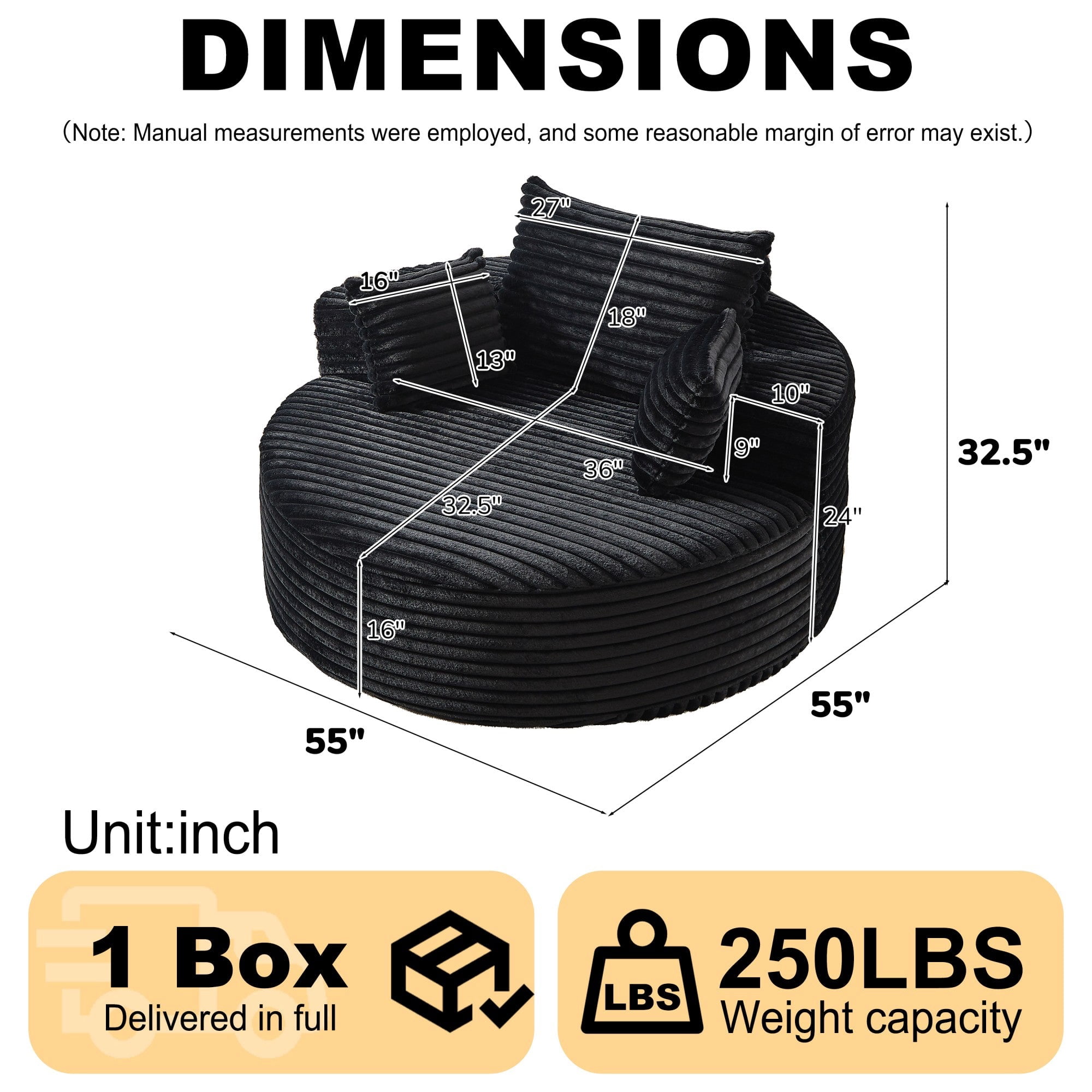 Sailvan 55" Modern Corduroy Single Seater Lounge Chair, Modular Cloud Sofa with Enveloping Pillows, No Assembly Lazy Chair for Living Room Black