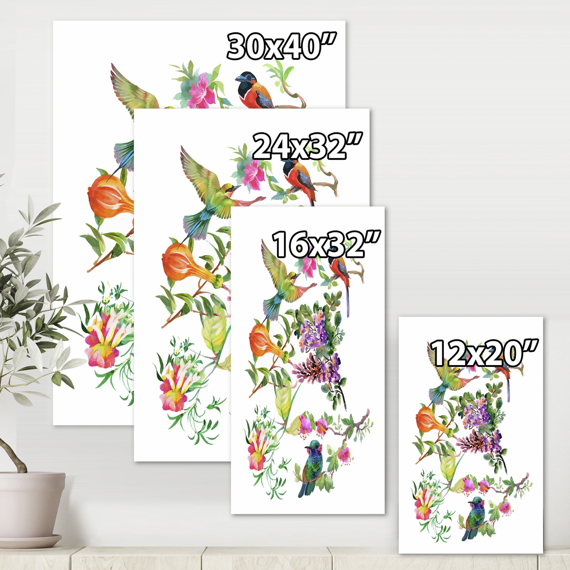 Designart ' Colourful Birds and Tropical Flowers II ' Traditional Canvas Wall Art Print