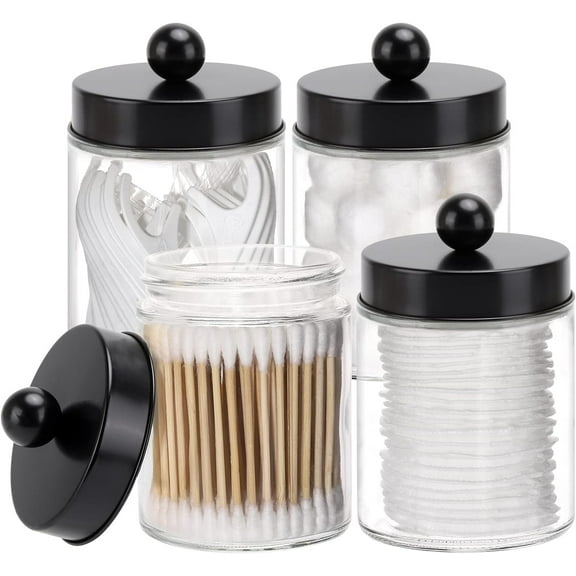 Tbestmax Glass Qtip Holder Dispenser, 10-Ounce Bathroom Containers Apothecary Jars with Metal Lids for Cotton Ball Swab Pad, Black (4 Pack)