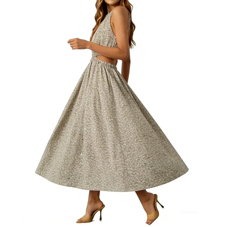 daisy fit and flare dress NTACZA Fit & Flare Womens Dresses Midi Daisy Print Wedding Guest Halter  Neck Cutout Waist White