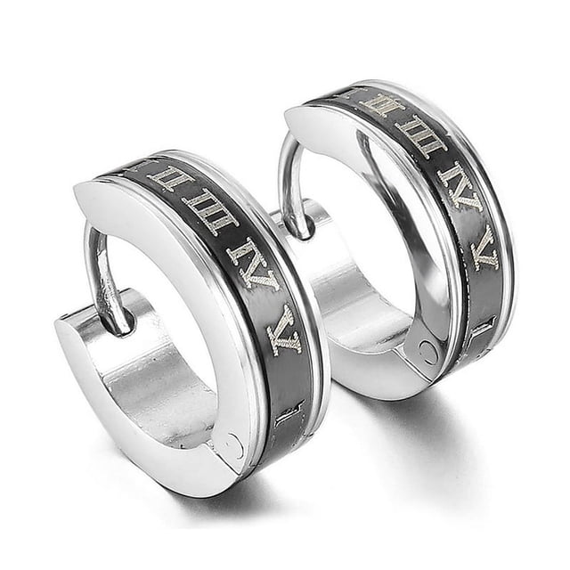 Pendientes de Tuerca de Acero Inoxidable, Pendientes de , Pendientes de Tuerca, NúMeros Romanos Plateados Negros, Hombres, Mujeres Pulidos CláSicos