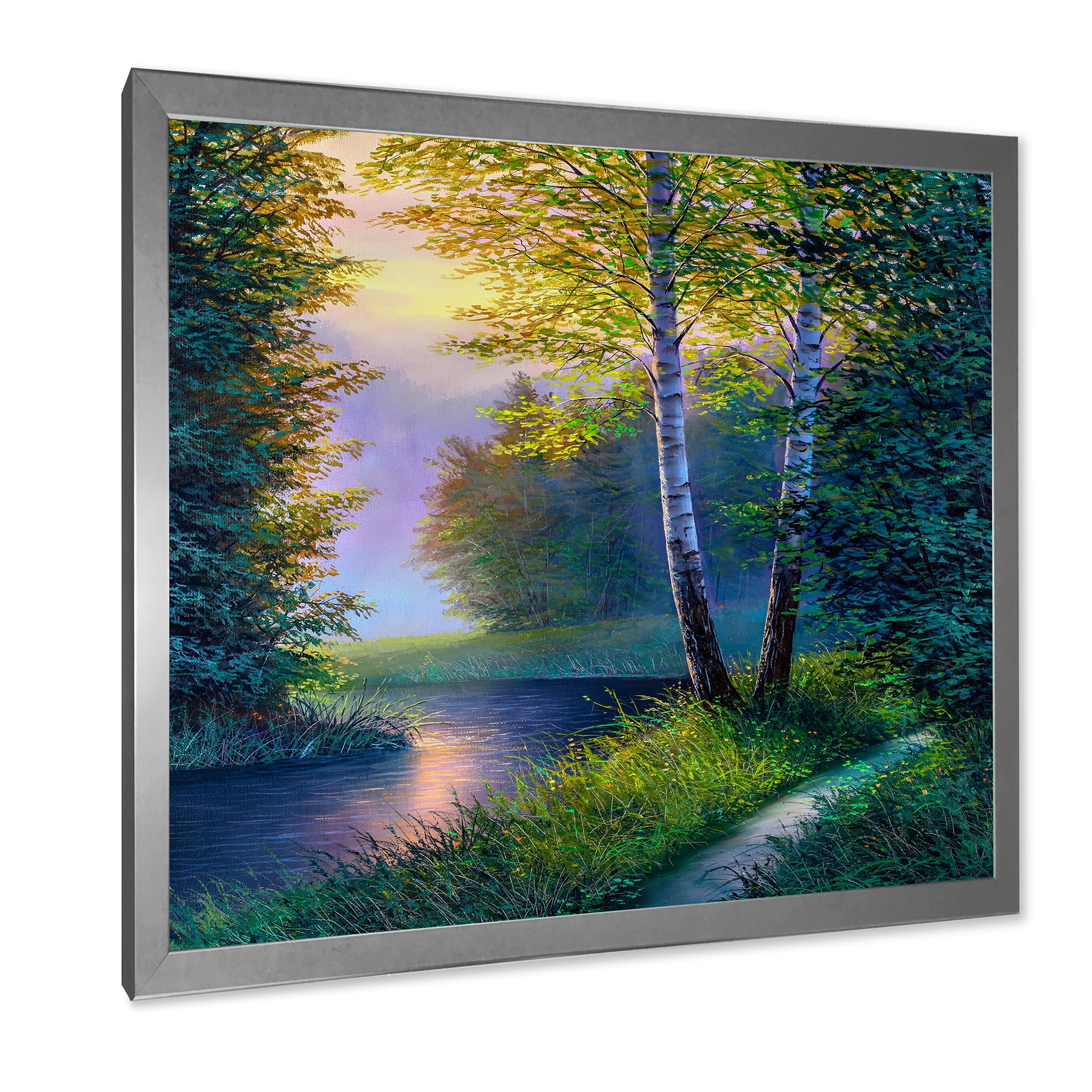 Designart 'Sunrise Glow Through The Birch Forest' Lake House Framed Art Print