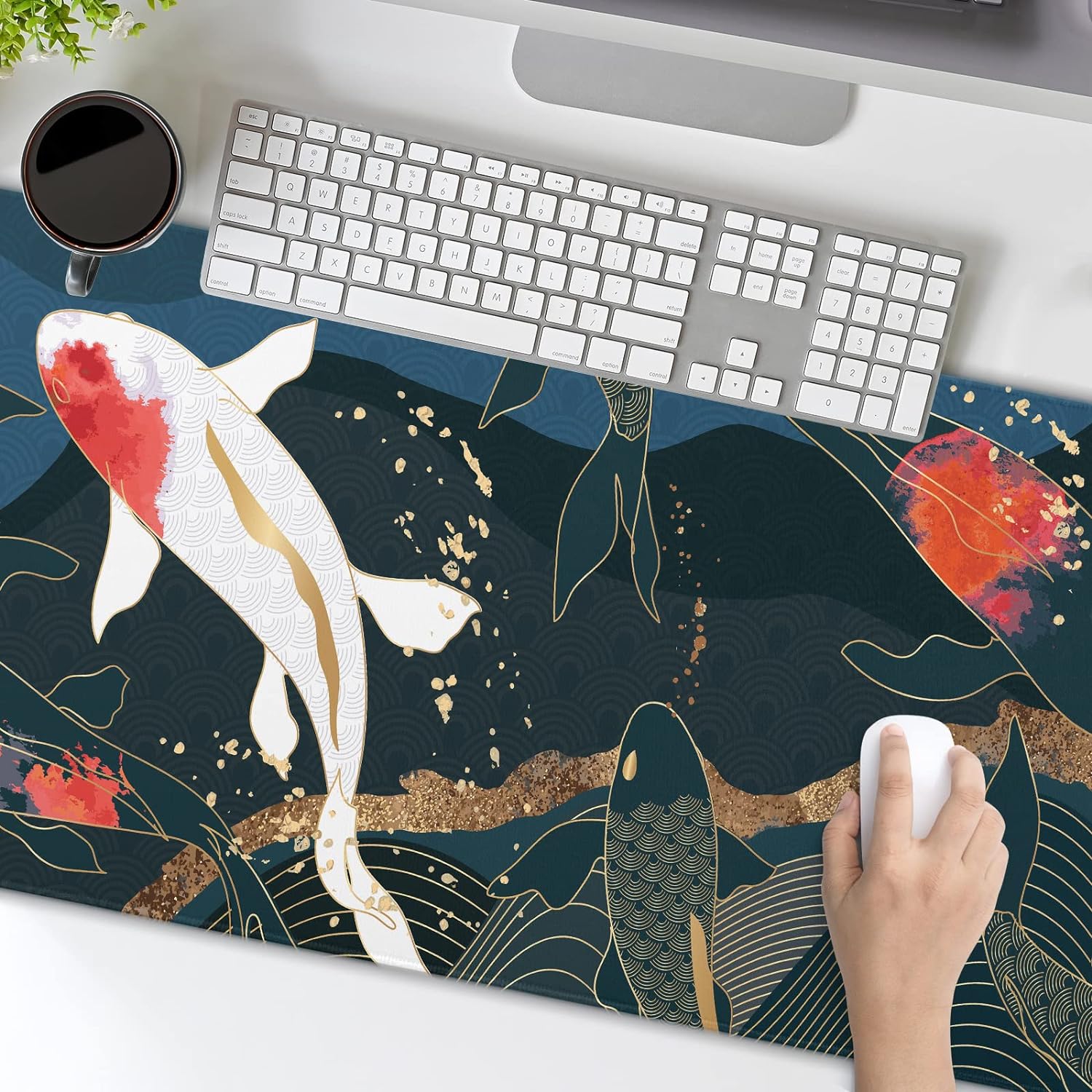 Japanese Anime Gaming Mouse Pad XXL Red White Koi Fish Art Blue Gold Texture Extended Big Large Desk Mat Non-Slip Rubber Base Stitched Edge Long Keyboard Mousepad for PC Computer Laptop,35.4×15.7 in