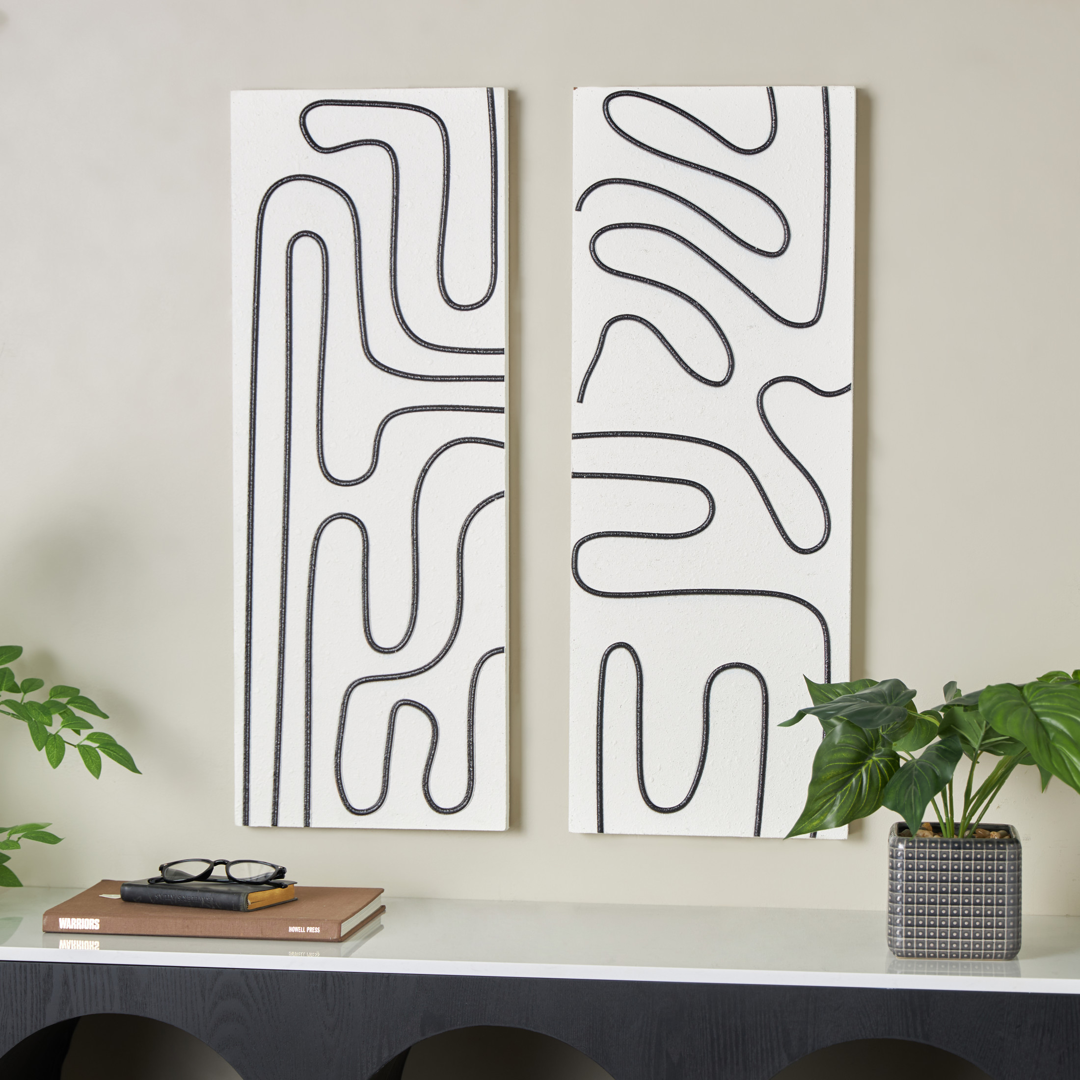 12" x 32" Unframed Geometric Wall Art with Black Accents, by DecMode (2 Count)