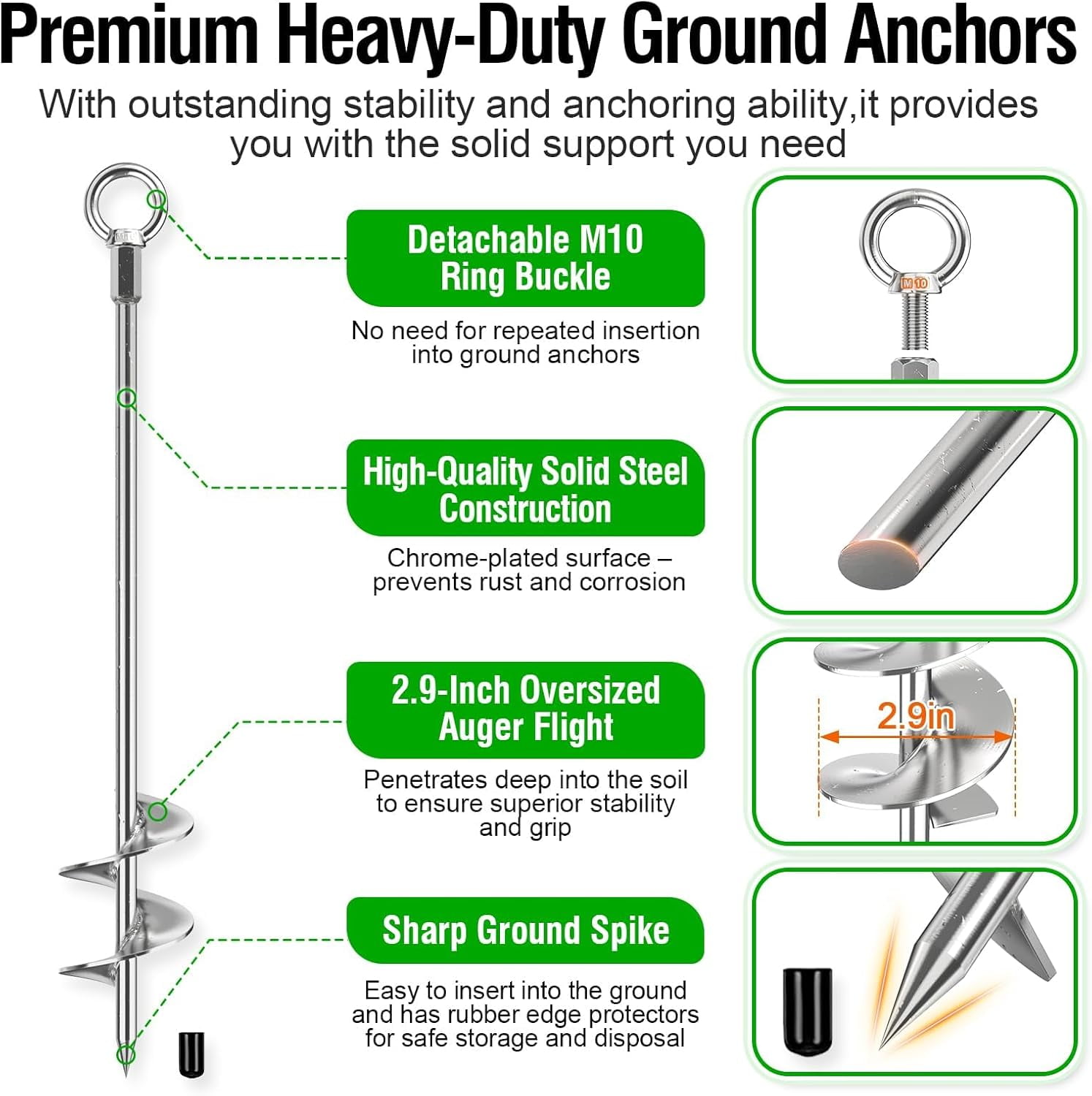 Heavy Duty Ground Anchors 4 Pack with T-Wrench - Solid Steel  Stakes for Tents Sheds