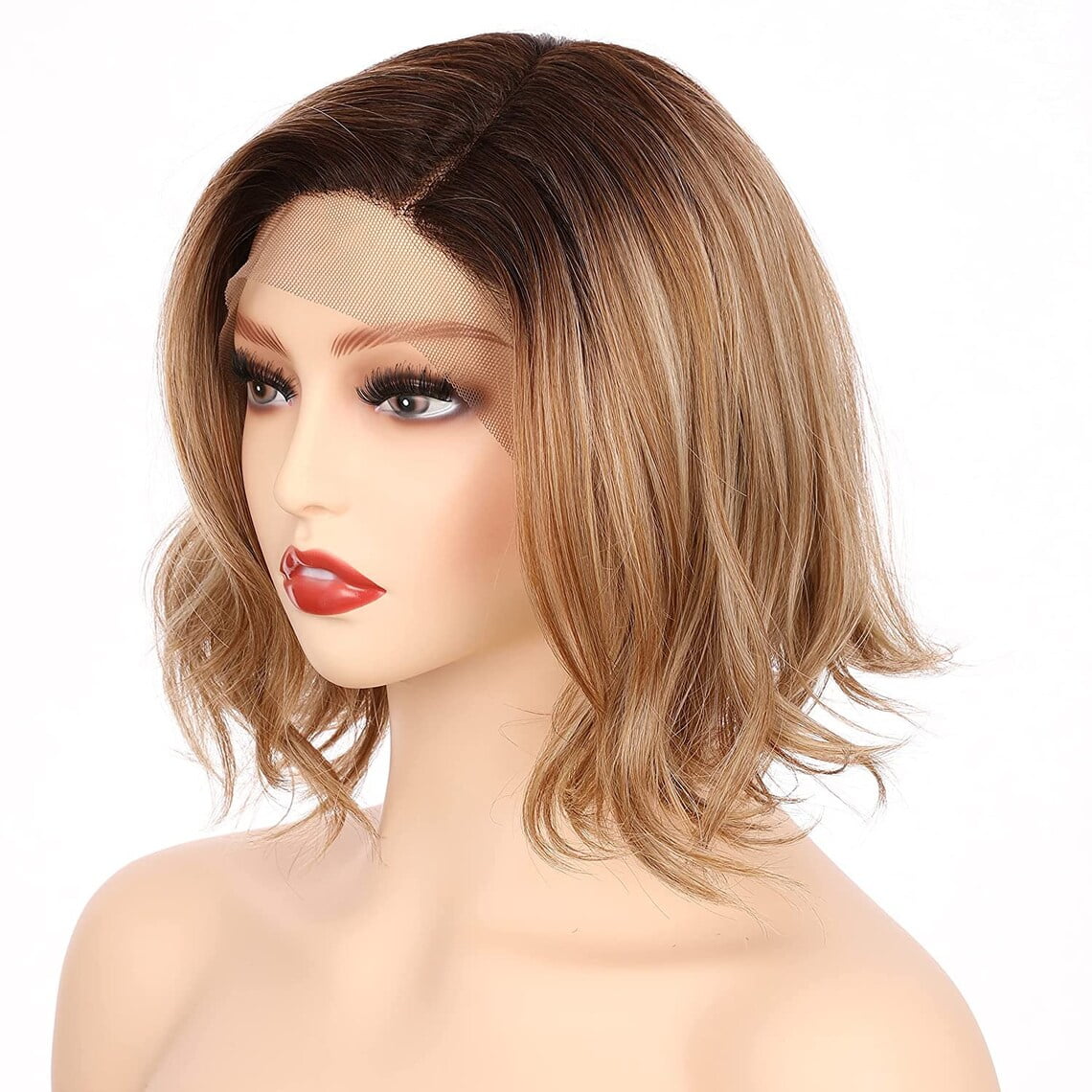 Onedor 10 Inch Side Part Lace Front Short Wavy Hair Bob Wigs for Women (Dark Blonde Evenly Blended & Platinum Blonde with Dark Roots)