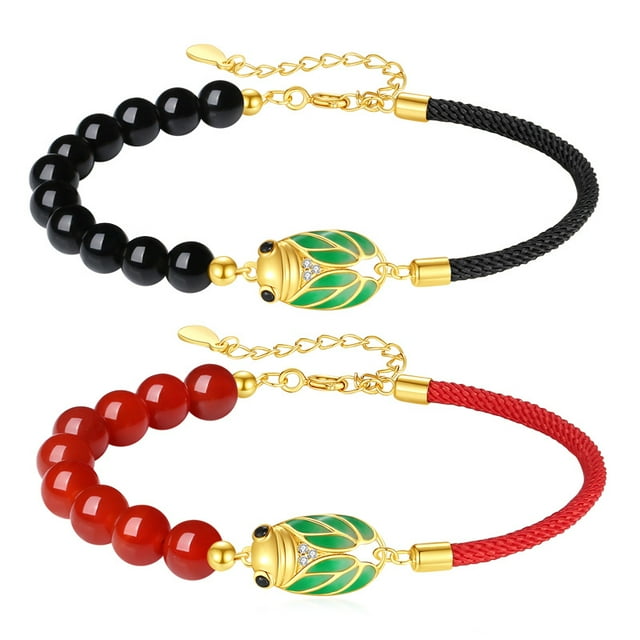 Pulseras para parejas de plata S925 con perlas de ágata esmaltadas en forma de cigarra