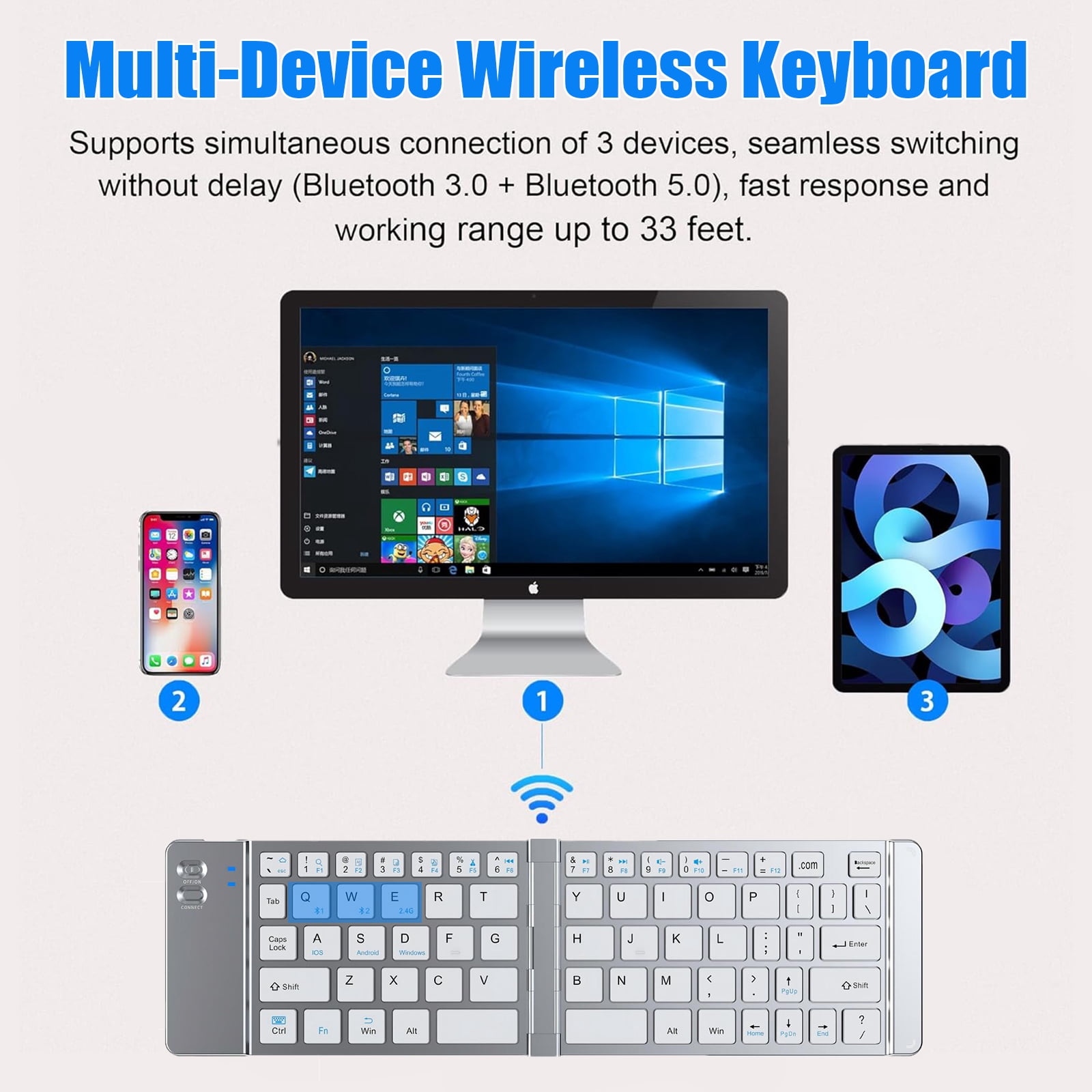 RONY Foldable Wireless Bluetooth Keyboard & Mouse Combo: Rechargeable Portable Travel Keyboard for Phone Laptop Mac Desktop (Silver)