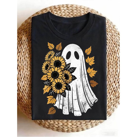 item picture Graphic Men S T-Shirt Vintage Halloween Ghost with Sunflowers Retro Casual Crew Neck Printed T-Shirt