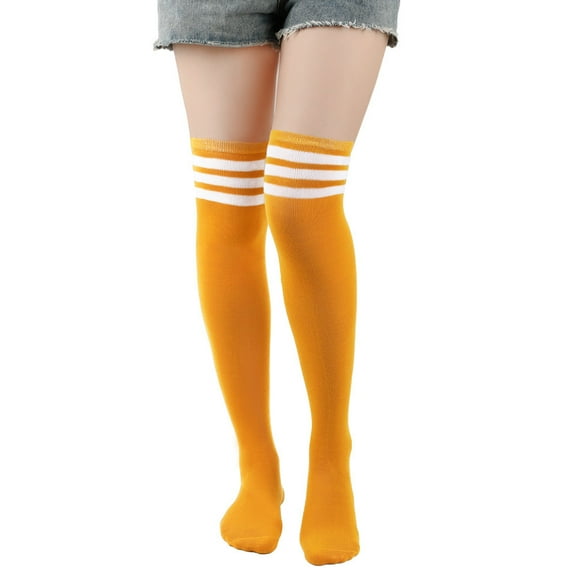 ERDOUY 3 Pairs One Size Fits Most (24in) Yellow & White Striped Polyester Knee High Socks, Warm Fall Socks for Cheerleading Team & Outfit Matching