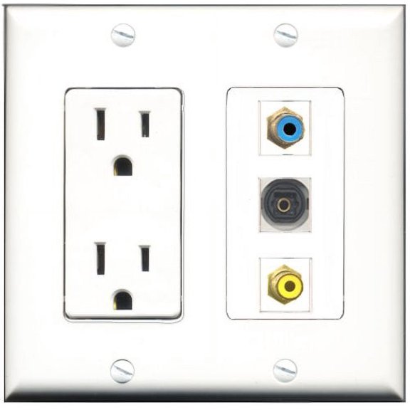 RiteAV - 15 Amp Power Outlet 1 Port RCA Yellow 1 Port RCA Blue 1 Port Toslink Decorative Wall Plate