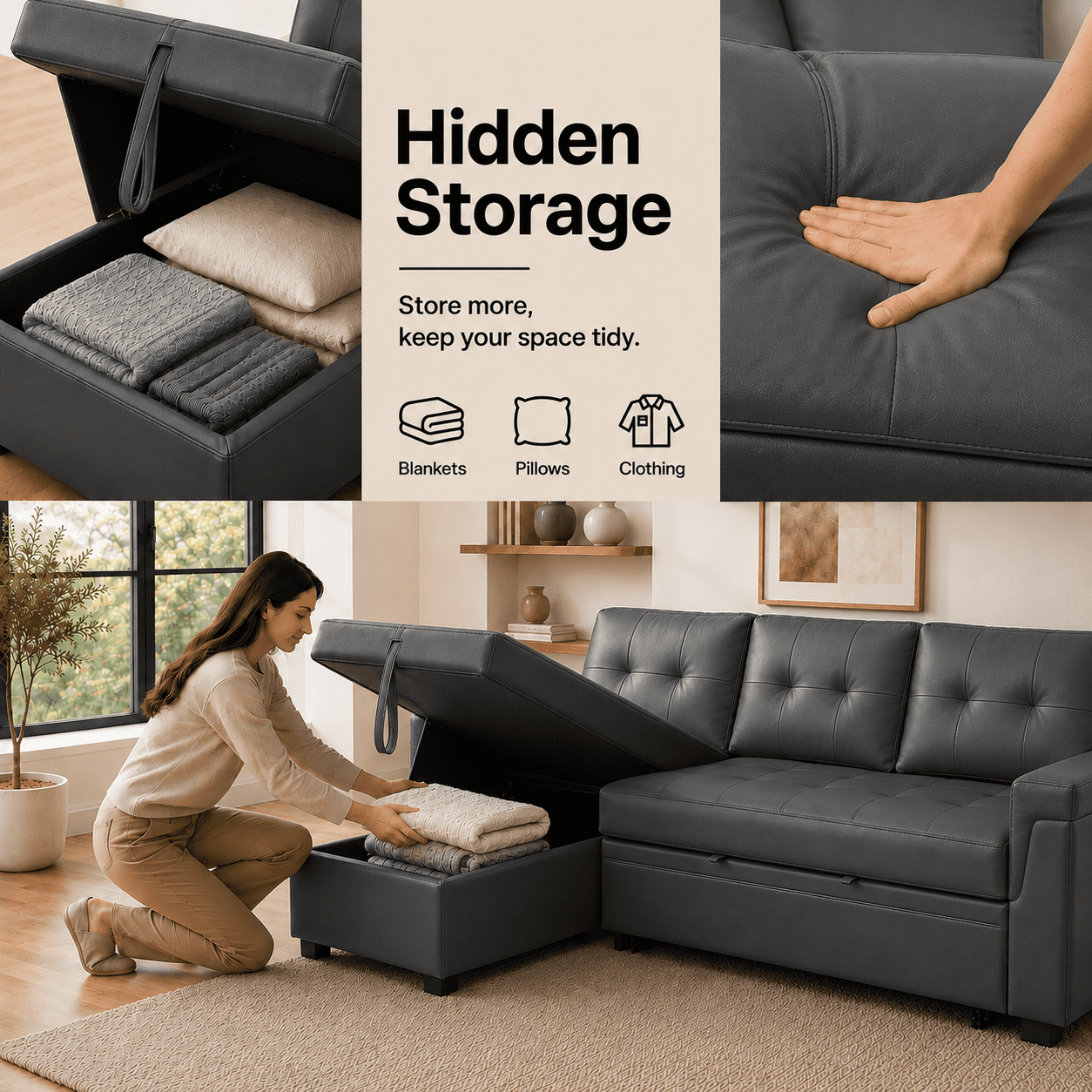 2-in-1 Pull-Out Sleeper Sofa Bed with Hidden Storage, Premium Air Leather Couch for Small Spaces, Apartments & Living Rooms, Dark Gray