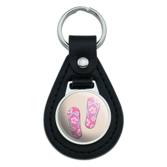Pink Flip Flops on Sand Sandals Beach Black Leather Keychain