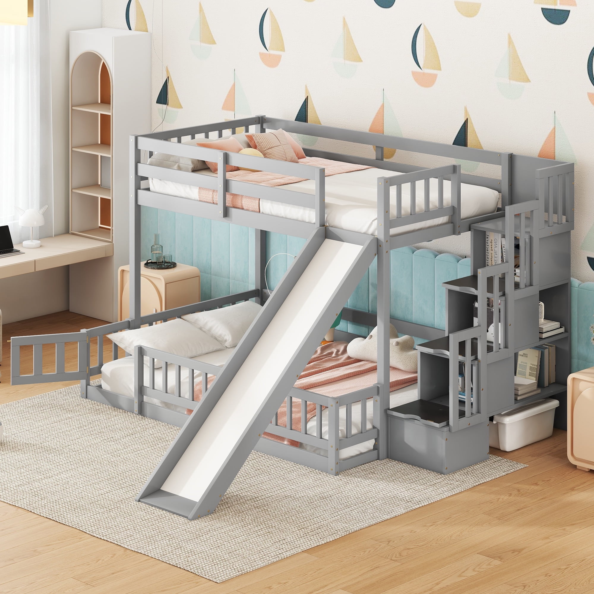 Sailvan Twin Over Full Bunk Bed with Slide, Storage Staircase, Pine Solid Wooden Bunk Bed with Safety Guardrails