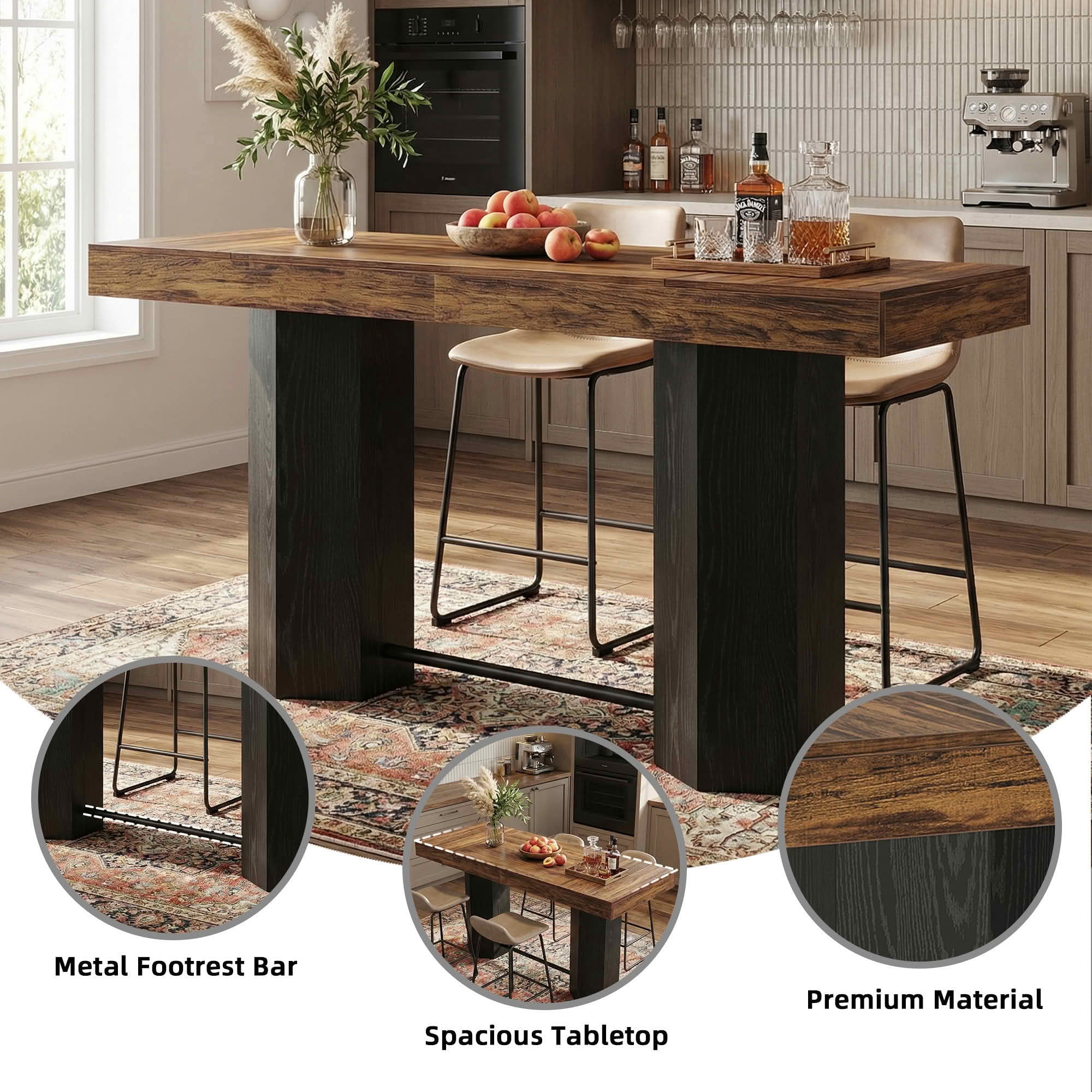 MAYEERTY 71" Industrial Bar Height Table, Walnut Woodgrain MDF Top 4-6 Person Home Bar Table with Hexagonal Base, 300lbs Capacity