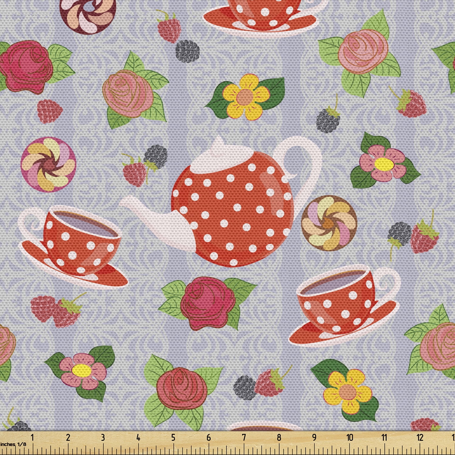 Cartoon Fabric by the Yard Upholstery, Cartoon Like Tea Pots with Retro