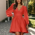 thumbnail image 2 of HNMKIU Long Sleeve Dress for Women Casual V Neck Flounce Short With Layering Options Elegant Spring Fall Outfit Midi Dress Orange,S, 2 of 5