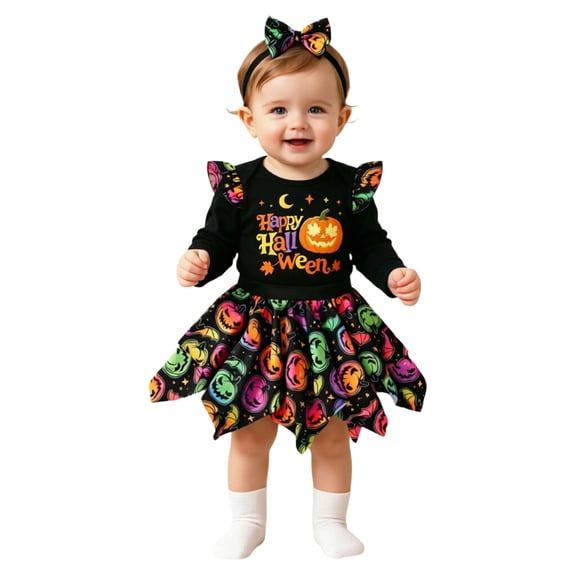 Halloween Dresses for Girls, Girl Halloween Long Sleeve Bodysuit Tutu Skirt Set Colorful Pumpkin Print Toddler Fall Outfit for Baby Party, Halloween Gifts