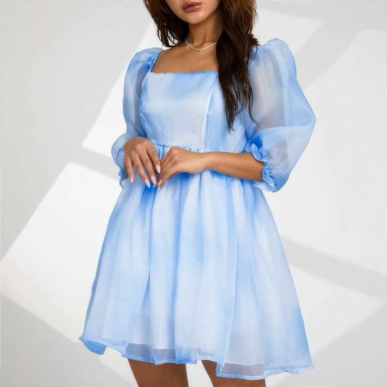 Musuos Women Big Hem Dress Tie-dyed Printing Short Puff Sleeve