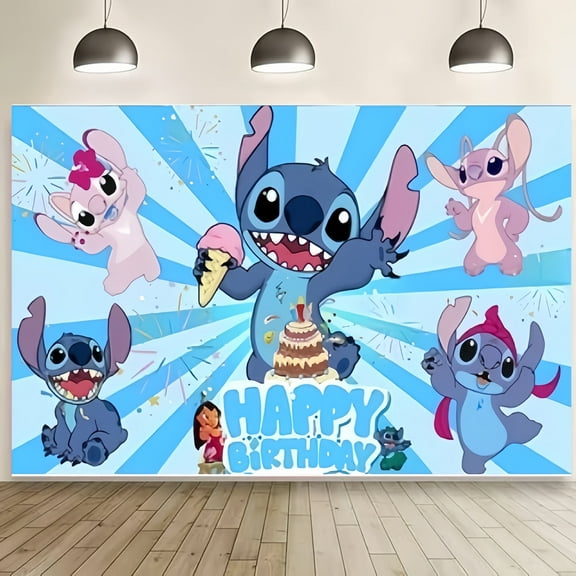 Stitch Happy Birthday Anime Cartoon Theme Backdrops Banner Birthday Party Decor Supplies(5x3ft)