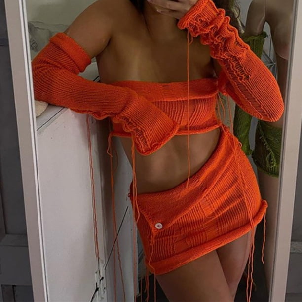 Blusas De Punto Minifaldas Trajes de ganchillo de 2 piezas para damas, cuello redondo, ombligo expuesto, atuendo diario (naranja M) Cgtredaw Para estrenar