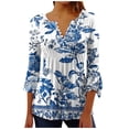 thumbnail image 2 of JTZGDY Fall 3/4 Flared Sleeve Tops for Women Lightweight Casual Floral Printed Half Button V Neck Henley Shirts Loose Flowy Cozy Ruched Pleated Tunic Blouse, 2 of 6